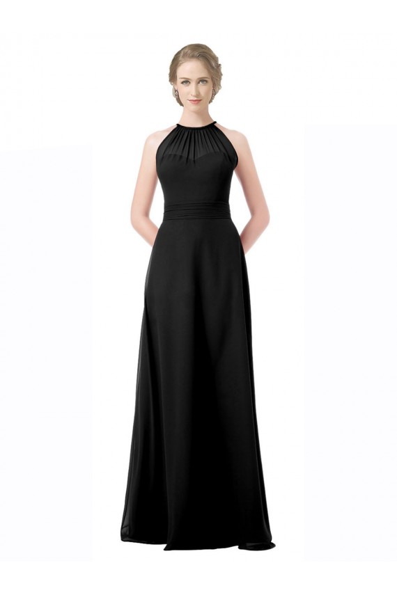 Noir Trapèze Licou Mousseline Longue Robes demoiselle d'honneur à Bas Prix
