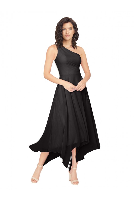 Noir Trapèze Sans bretelle midi Mousseline Courte Asymétrique Robes demoiselle d'honneur / Robes de cocktail à Bas Prix