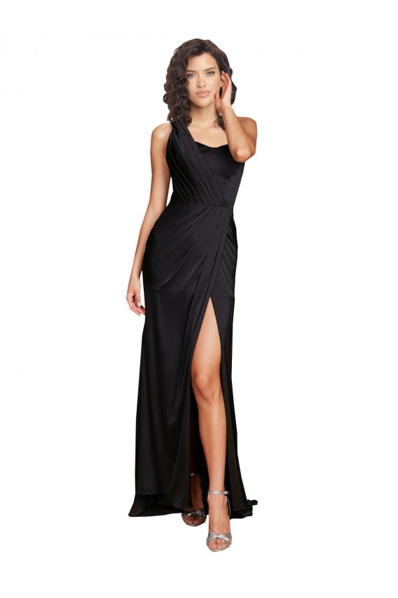 Noir Trapèze Satiné Soyeux Longue Formelles Robes demoiselle d'honneur / Robes de soirée / Robes de bal à Bas Prix