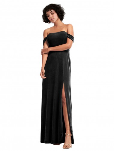 Noir Trapèze Épaule Dénudée Sans bretelle Velours Stretch Longue Formelles Robes demoiselle d'honneur / Robes de soirée / Robes de bal à Bas Prix