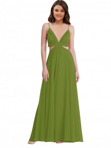 Olive verte Trapèze Col V Mousseline Longue Robes demoiselle d'honneur à Bas Prix
