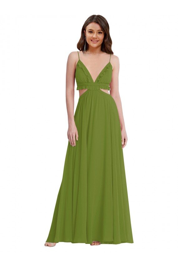 Olive verte Trapèze Col V Mousseline Longue Robes demoiselle d'honneur à Bas Prix