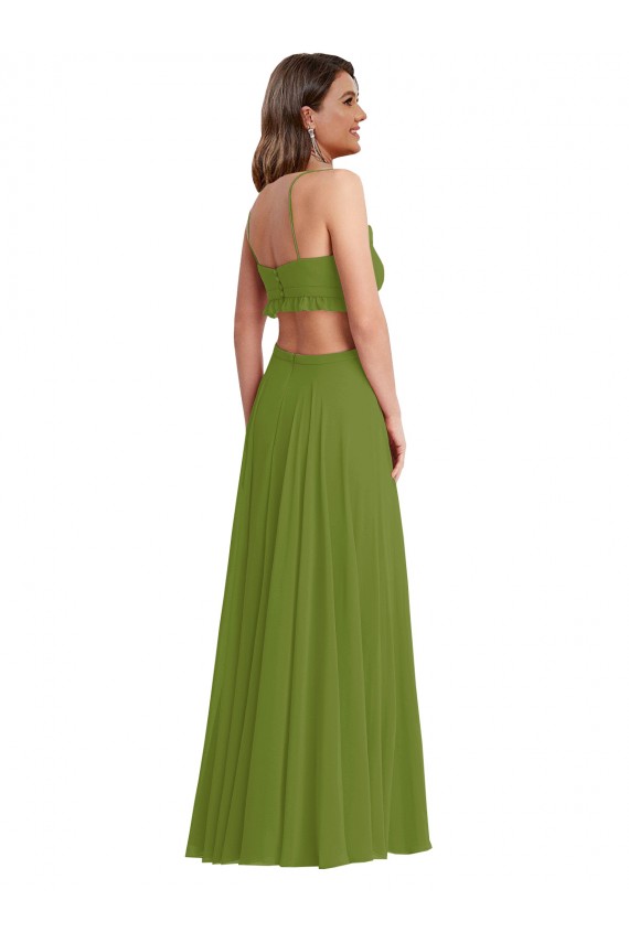 Olive verte Trapèze Col V Mousseline Longue Robes demoiselle d'honneur à Bas Prix