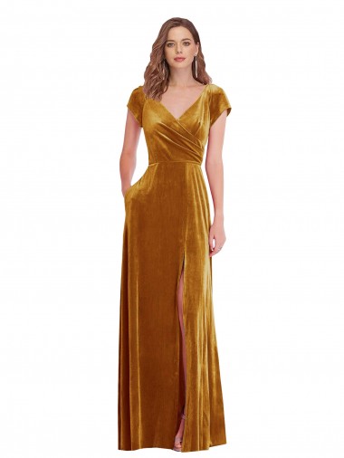 Or Fourreau Col V Velours Stretch Longue Formelles Robes demoiselle d'honneur / Robes de soirée / Robes de bal à Bas Prix