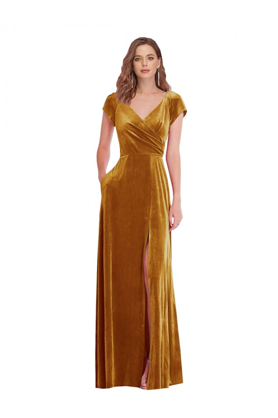Or Fourreau Col V Velours Stretch Longue Formelles Robes demoiselle d'honneur / Robes de soirée / Robes de bal à Bas Prix