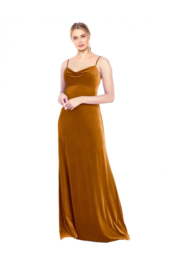 Or Trapèze Bretelles spaghetti Velours Stretch Longue Robes demoiselle d'honneur / Robes de bal à Bas Prix