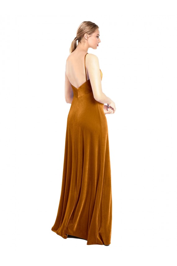 Or Trapèze Bretelles spaghetti Velours Stretch Longue Robes demoiselle d'honneur / Robes de bal à Bas Prix