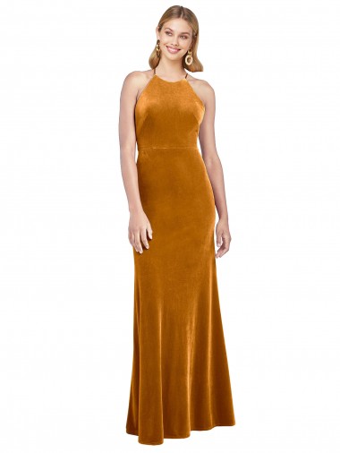 Or Trapèze Licou Col Haut Velours Stretch Longue Formelles Robes demoiselle d'honneur / Robes de soirée / Robes de bal à Bas Prix