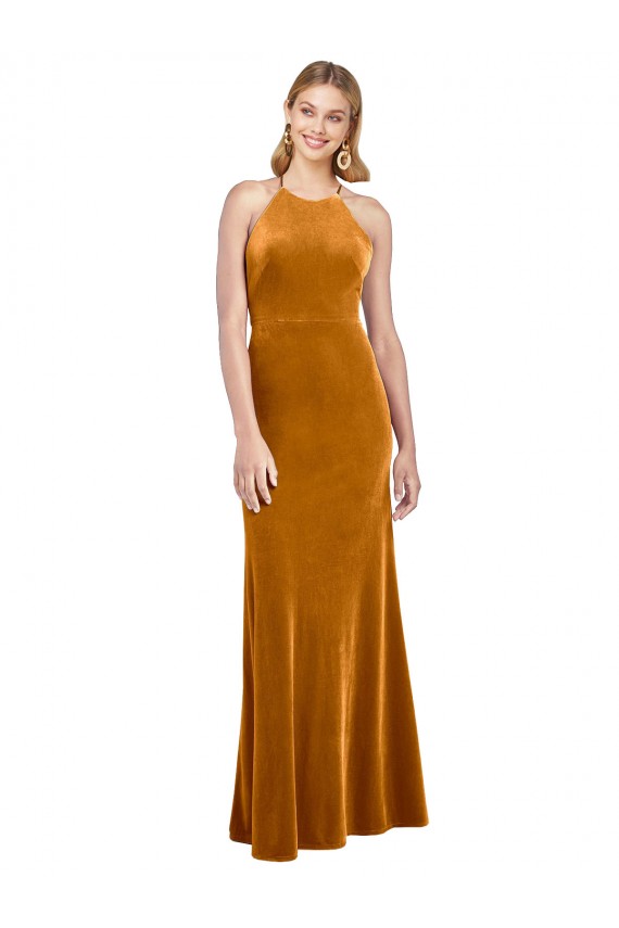 Or Trapèze Licou Col Haut Velours Stretch Longue Formelles Robes demoiselle d'honneur / Robes de soirée / Robes de bal à Bas Prix