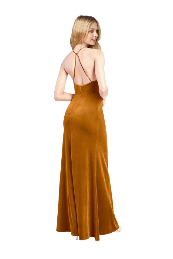 Or Trapèze Licou Col Haut Velours Stretch Longue Formelles Robes demoiselle d'honneur / Robes de soirée / Robes de bal à Bas Prix