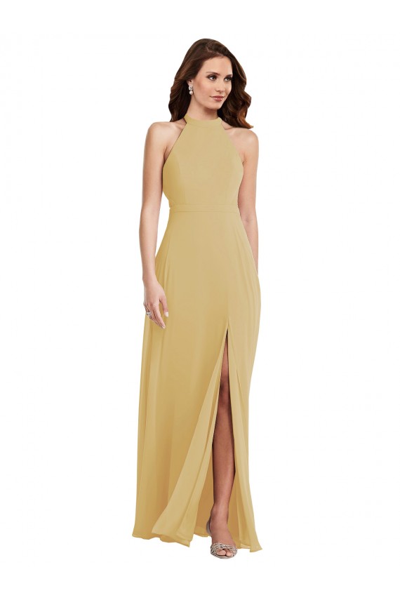 Or Trapèze Licou Mousseline Longue Robes demoiselle d'honneur à Bas Prix