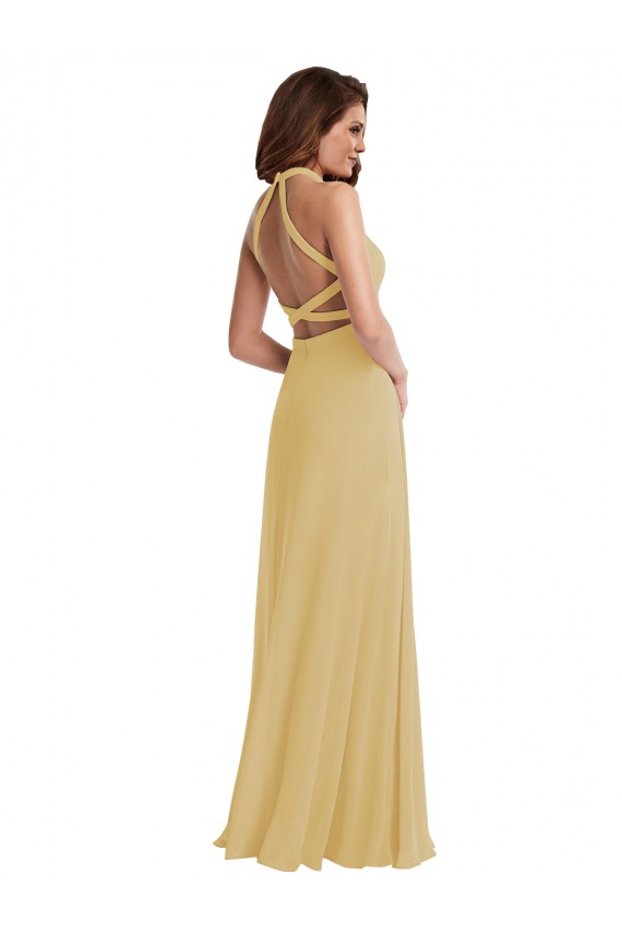Or Trapèze Licou Mousseline Longue Robes demoiselle d'honneur à Bas Prix