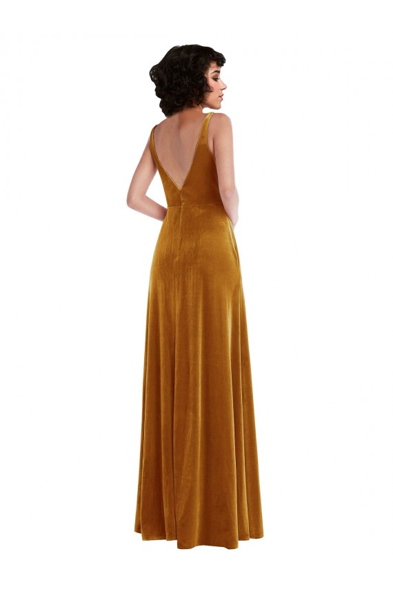 Or Trompette Col V Velours Stretch Longue Robes demoiselle d'honneur / Robes de bal à Bas Prix