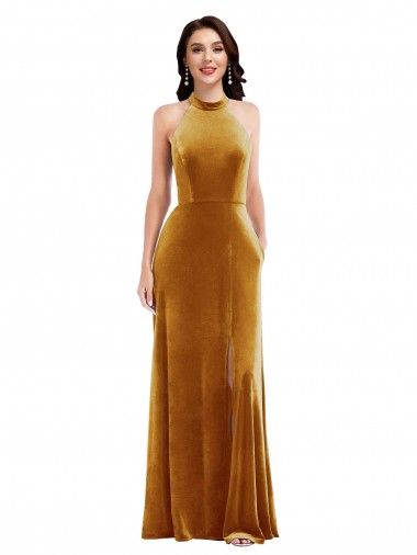 Or Trompette Licou Col Haut Velours Stretch Longue Robes demoiselle d'honneur / Robes de bal à Bas Prix