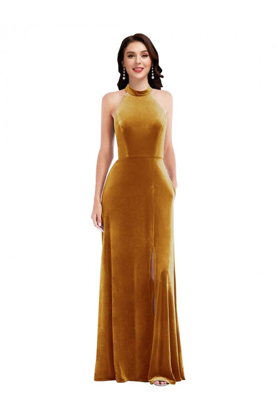 Or Trompette Licou Col Haut Velours Stretch Longue Robes demoiselle d'honneur / Robes de bal à Bas Prix