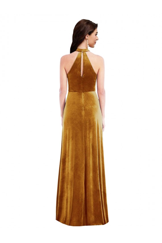 Or Trompette Licou Col Haut Velours Stretch Longue Robes demoiselle d'honneur / Robes de bal à Bas Prix