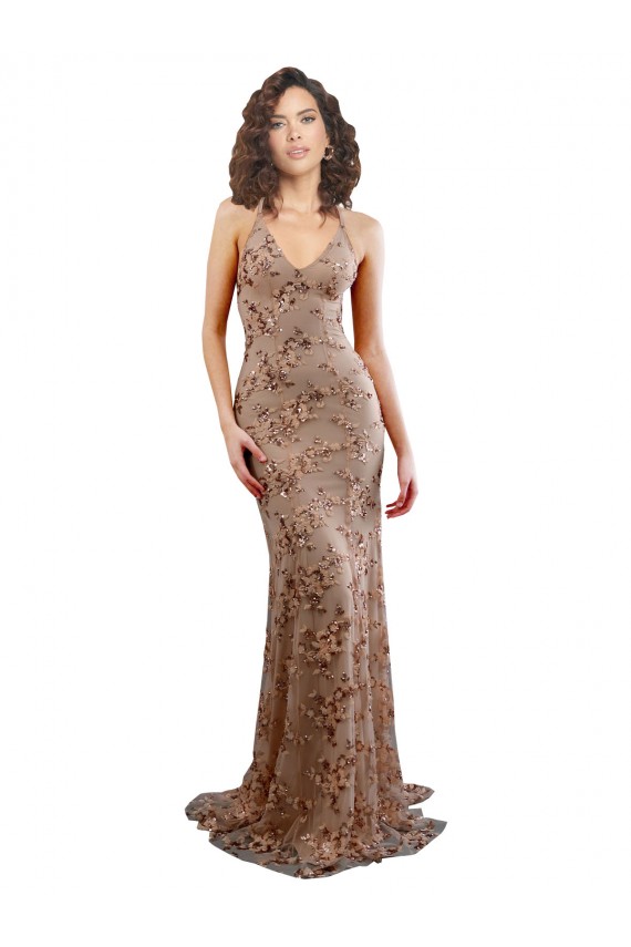Or rose Sirène Col V Crêpe Stretch Paillette Tulle Longue Formelles Robes demoiselle d'honneur / Robes de soirée / Robes de bal à Bas Prix