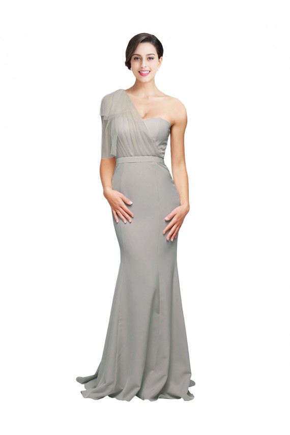 Oyster Argent Sirène Balayage train Crêpe Stretch Tulle Longue Formelles Robes demoiselle d'honneur / Robes de soirée / Robes de bal à Bas Prix