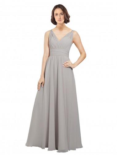 Oyster Argent Trapèze Col V Mousseline Longue Robes demoiselle d'honneur à Bas Prix