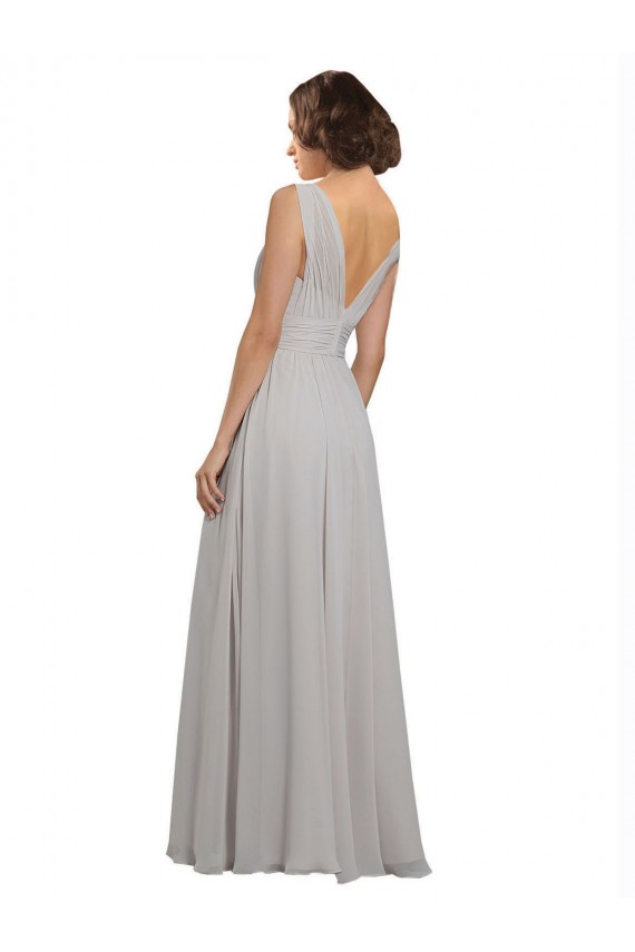 Oyster Argent Trapèze Col V Mousseline Longue Robes demoiselle d'honneur à Bas Prix