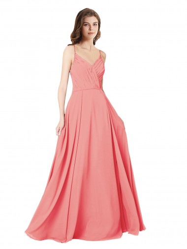 Pastèque Trapèze Col V Mousseline Longue Robes demoiselle d'honneur à Bas Prix