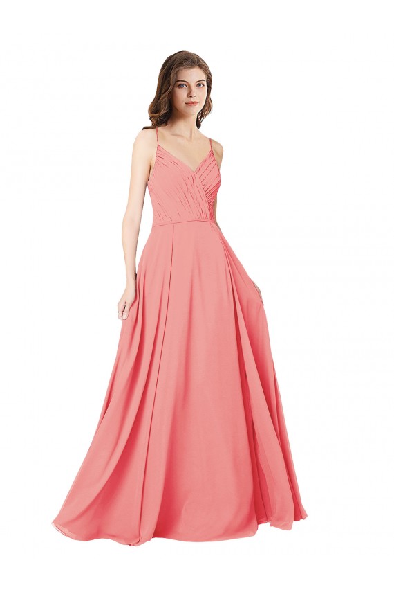 Pastèque Trapèze Col V Mousseline Longue Robes demoiselle d'honneur à Bas Prix