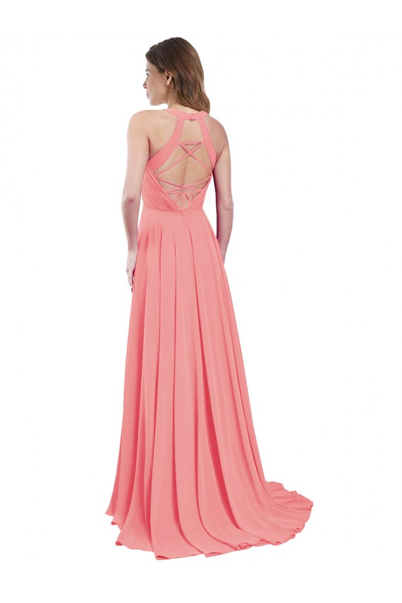 Pastèque Trapèze Licou Mousseline Longue Robes demoiselle d'honneur à Bas Prix