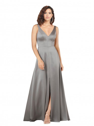 Pearl Grey Trapèze Col V Satiné Soyeux Longue Formelles Robes demoiselle d'honneur / Robes de soirée / Robes de bal à Bas Prix