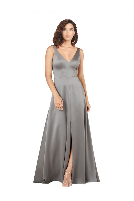 Pearl Grey Trapèze Col V Satiné Soyeux Longue Formelles Robes demoiselle d'honneur / Robes de soirée / Robes de bal à Bas Prix