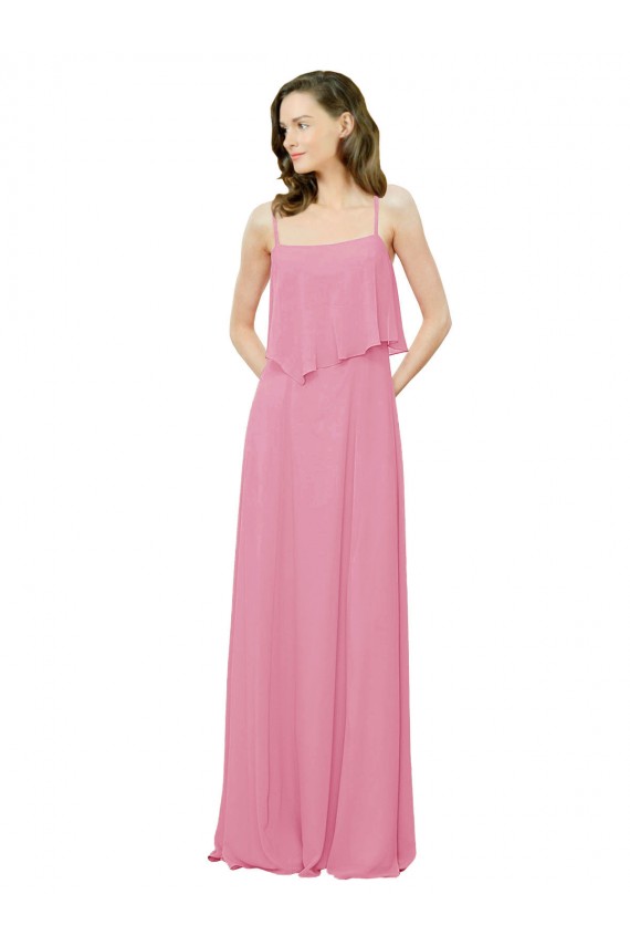 Peau Rose Trapèze Bretelles spaghetti Mousseline Longue Robes demoiselle d'honneur à Bas Prix