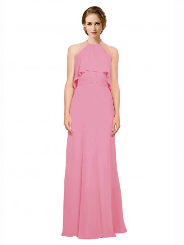 Peau Rose Trapèze Licou Col Haut Mousseline Longue Robes demoiselle d'honneur à Bas Prix