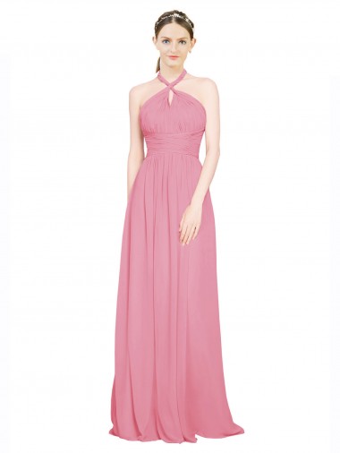 Peau Rose Trapèze Licou Col V Mousseline Longue Robes demoiselle d'honneur à Bas Prix