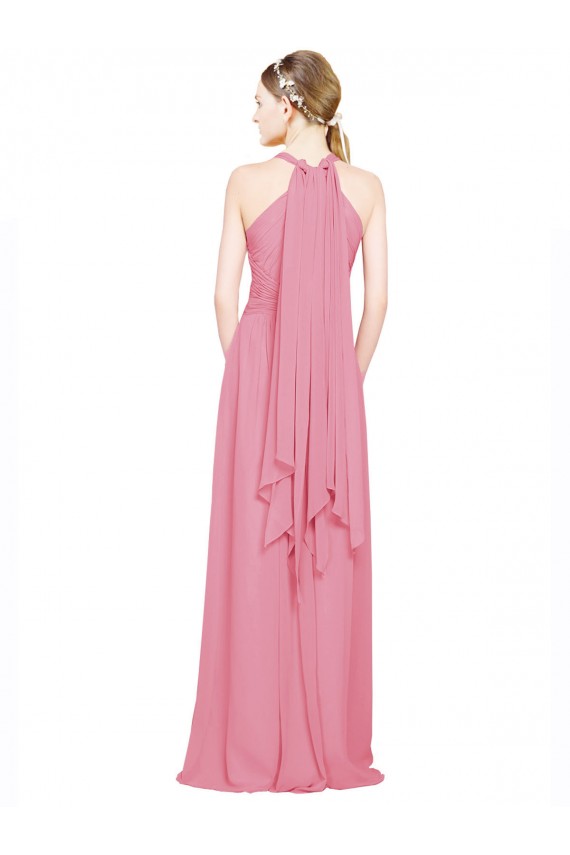 Peau Rose Trapèze Licou Col V Mousseline Longue Robes demoiselle d'honneur à Bas Prix