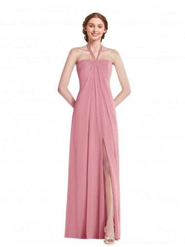 Peau Rose Trapèze Licou Mousseline Longue Robes demoiselle d'honneur à Bas Prix