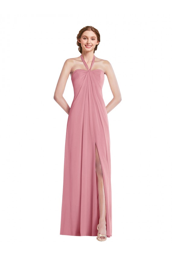 Peau Rose Trapèze Licou Mousseline Longue Robes demoiselle d'honneur à Bas Prix