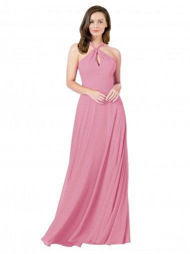 Peau Rose Trapèze Licou Mousseline Longue Robes demoiselle d'honneur / Robes de bal à Bas Prix