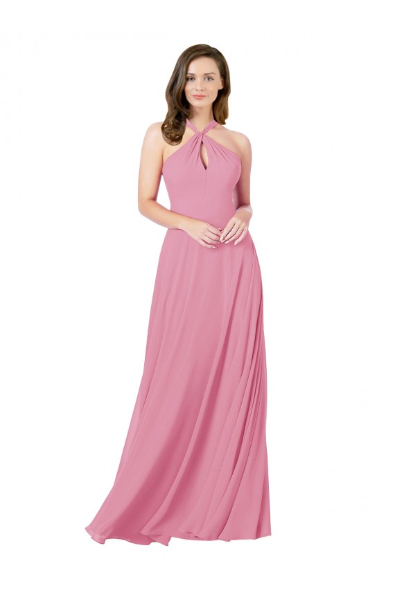 Peau Rose Trapèze Licou Mousseline Longue Robes demoiselle d'honneur / Robes de bal à Bas Prix