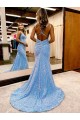 Periwinkle Fourreau Col V Balayage train Paillettes Velours Longue Robes de bal à Bas Prix