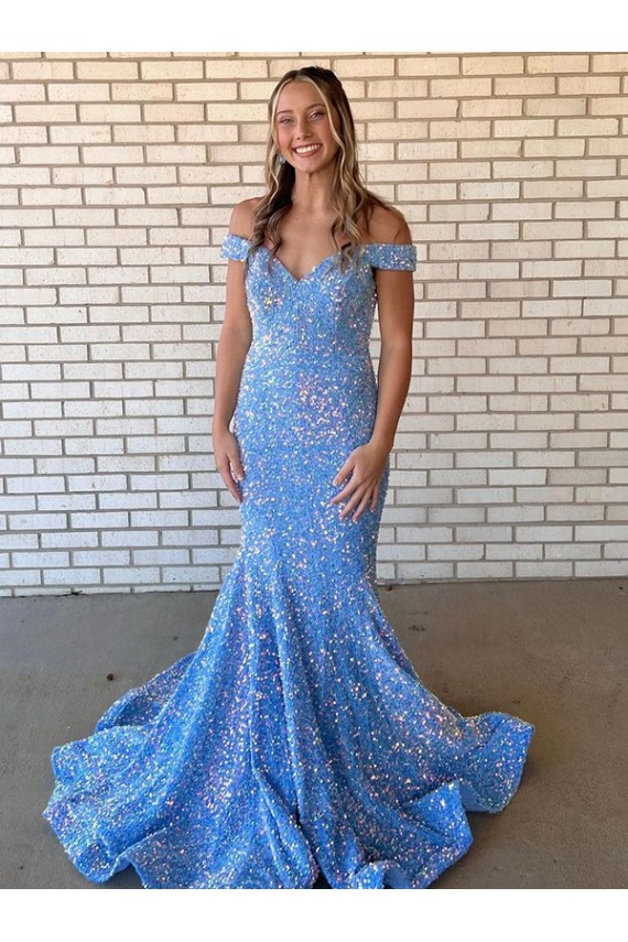 Periwinkle Sirène Épaule Dénudée Paillettes Velours Longue Robes de bal à Bas Prix