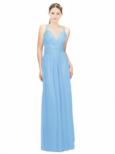 Periwinkle Trapèze Bretelles spaghetti Col V Mousseline Longue Robes demoiselle d'honneur à Bas Prix