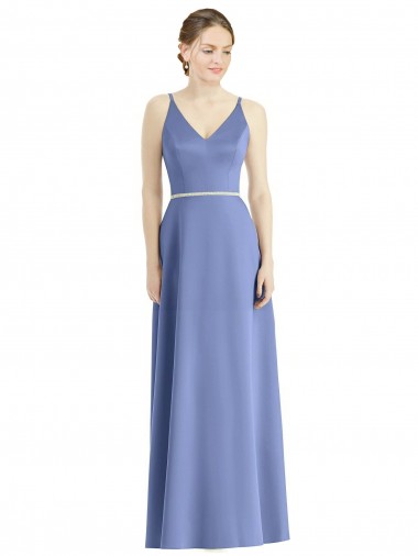 Periwinkle Trapèze Bretelles spaghetti Col V Satiné Longue Robes demoiselle d'honneur à Bas Prix
