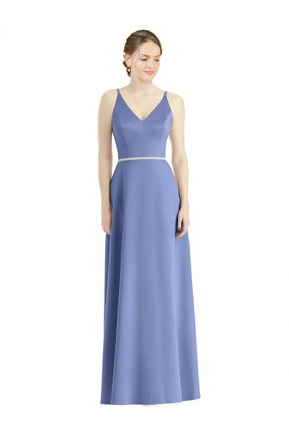 Periwinkle Trapèze Bretelles spaghetti Col V Satiné Longue Robes demoiselle d'honneur à Bas Prix