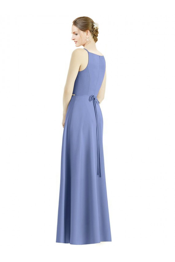Periwinkle Trapèze Bretelles spaghetti Col V Satiné Longue Robes demoiselle d'honneur à Bas Prix