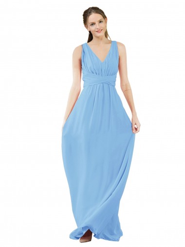 Periwinkle Trapèze Col V Mousseline Longue Robes demoiselle d'honneur à Bas Prix