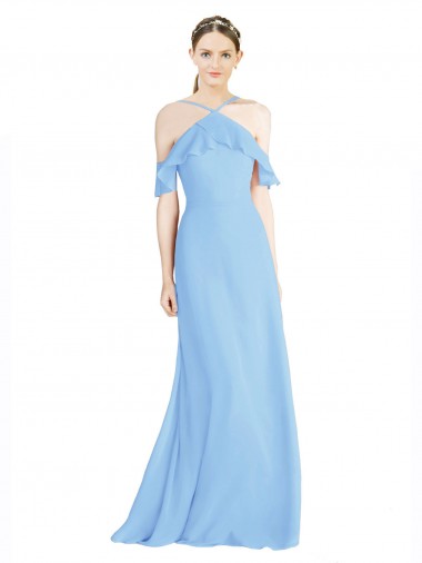 Periwinkle Trapèze Licou Mousseline Longue Robes demoiselle d'honneur à Bas Prix