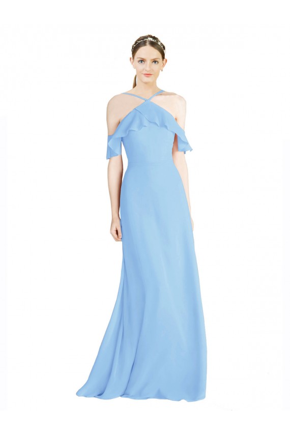 Periwinkle Trapèze Licou Mousseline Longue Robes demoiselle d'honneur à Bas Prix