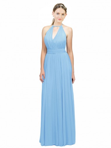 Periwinkle Trapèze Licou Mousseline Longue Robes demoiselle d'honneur à Bas Prix