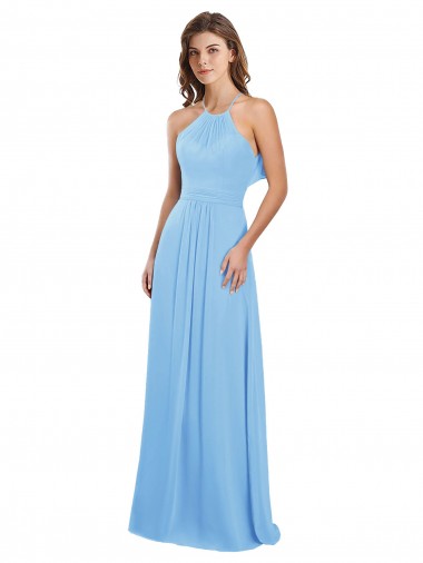 Periwinkle Trapèze Licou Mousseline Longue Robes demoiselle d'honneur à Bas Prix