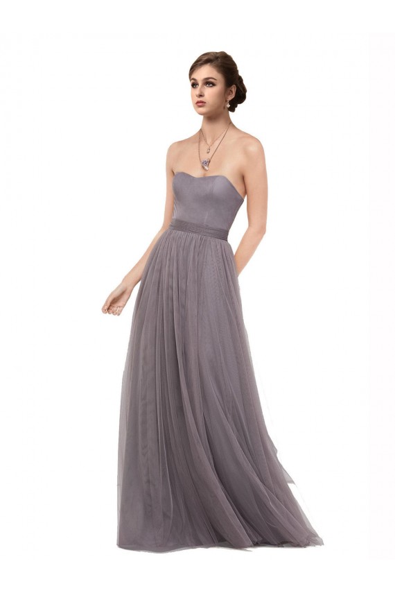 Pewter Trapèze Bretelles spaghetti Tulle Longue Robes demoiselle d'honneur à Bas Prix