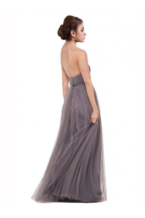 Pewter Trapèze Bretelles spaghetti Tulle Longue Robes demoiselle d'honneur à Bas Prix